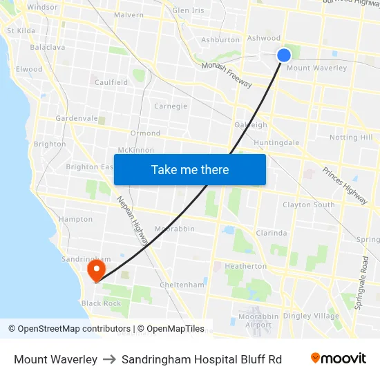 Mount Waverley to Sandringham Hospital Bluff Rd map