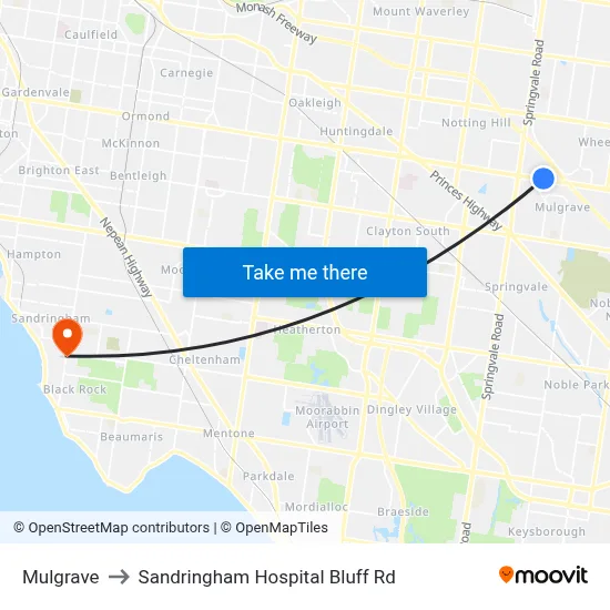 Mulgrave to Sandringham Hospital Bluff Rd map