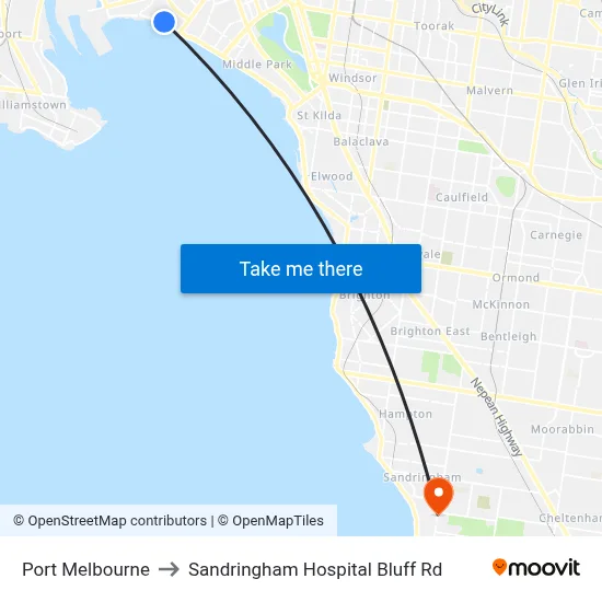 Port Melbourne to Sandringham Hospital Bluff Rd map