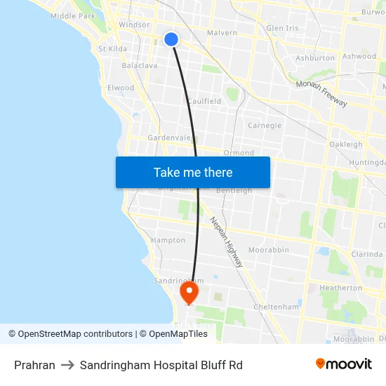 Prahran to Sandringham Hospital Bluff Rd map