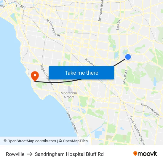 Rowville to Sandringham Hospital Bluff Rd map