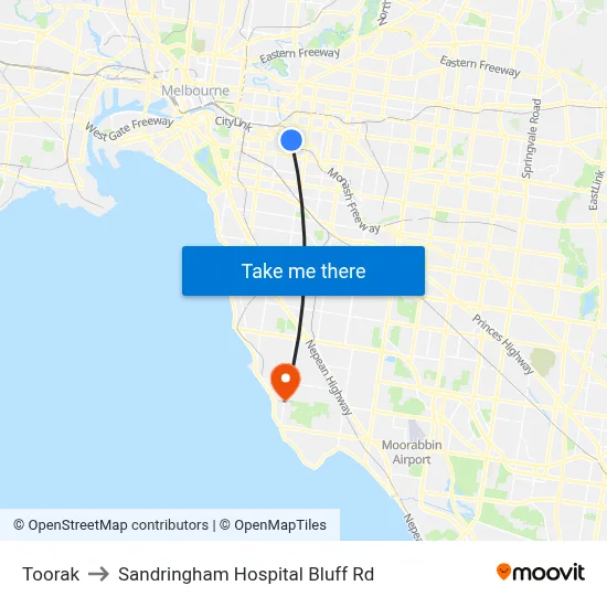Toorak to Sandringham Hospital Bluff Rd map