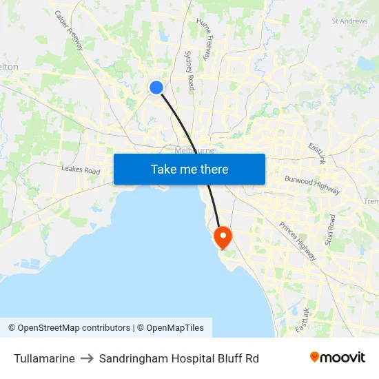 Tullamarine to Sandringham Hospital Bluff Rd map