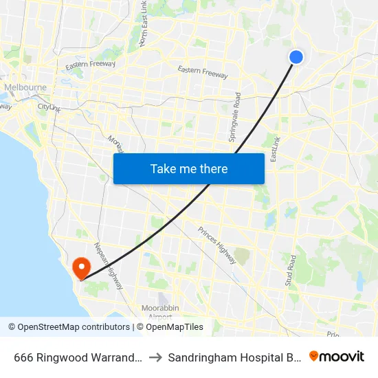 666 Ringwood Warrandyte Rd to Sandringham Hospital Bluff Rd map