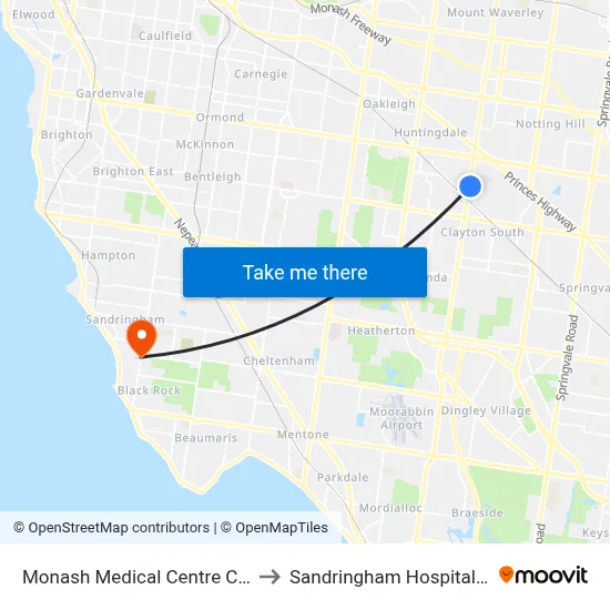 Monash Medical Centre Clayton Rd to Sandringham Hospital Bluff Rd map