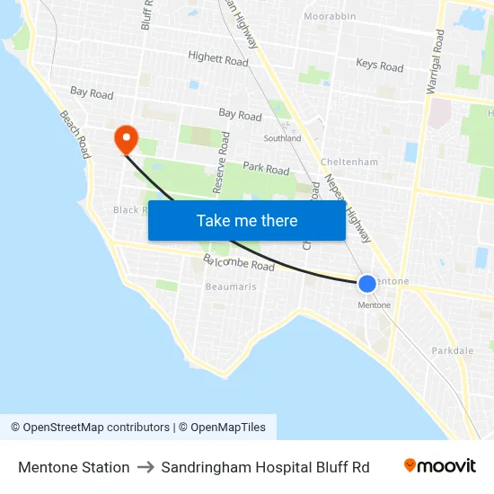 Mentone Station to Sandringham Hospital Bluff Rd map