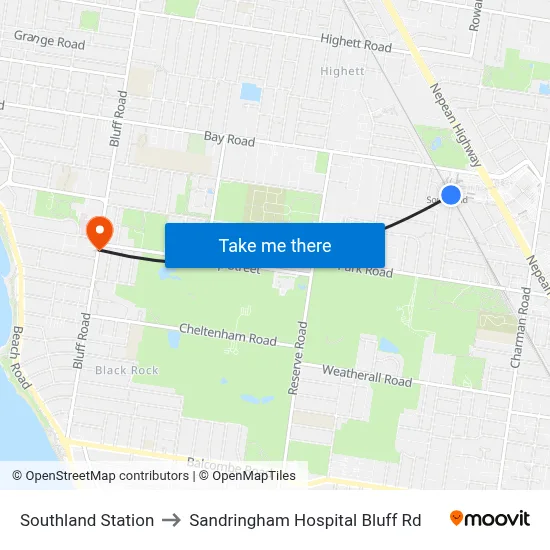 Southland Station to Sandringham Hospital Bluff Rd map