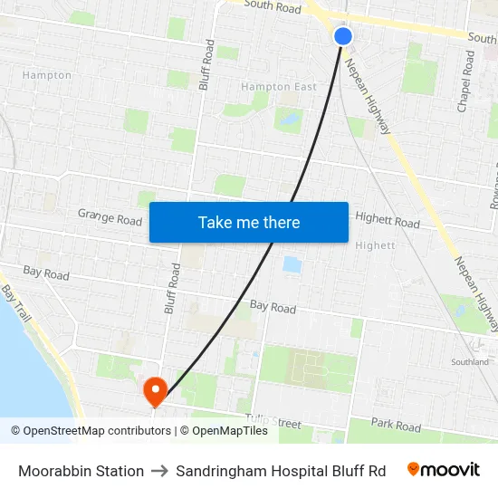 Moorabbin Station to Sandringham Hospital Bluff Rd map