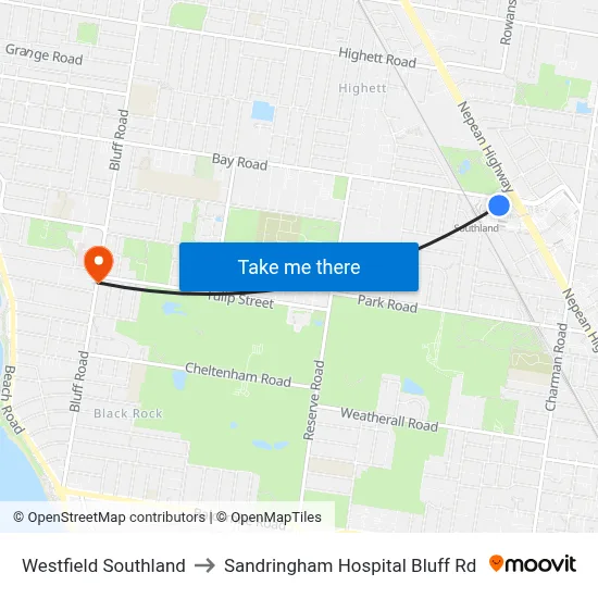 Westfield Southland to Sandringham Hospital Bluff Rd map