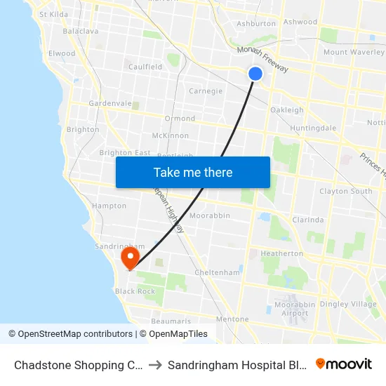 Chadstone Shopping Centre to Sandringham Hospital Bluff Rd map