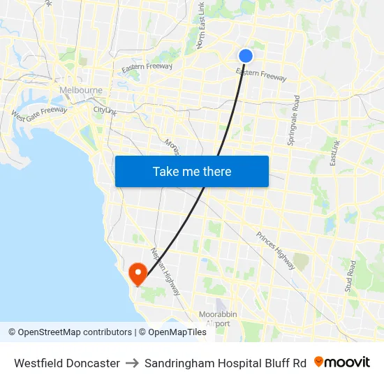 Westfield Doncaster to Sandringham Hospital Bluff Rd map