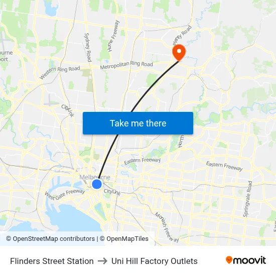Flinders Street Station to Uni Hill Factory Outlets map