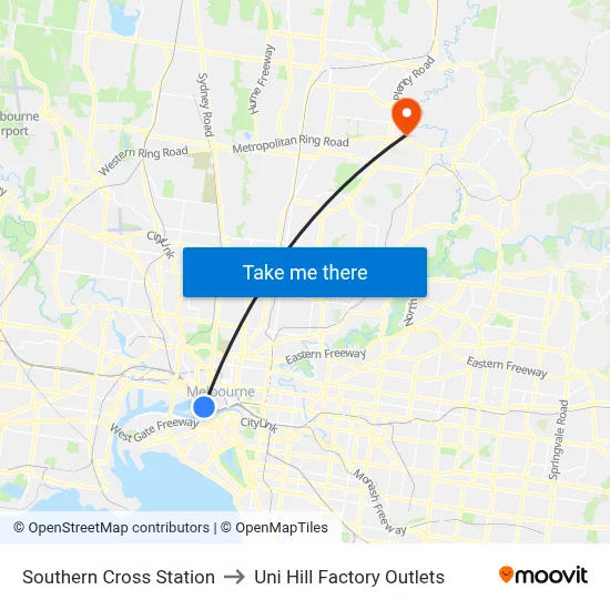 Southern Cross Station to Uni Hill Factory Outlets map