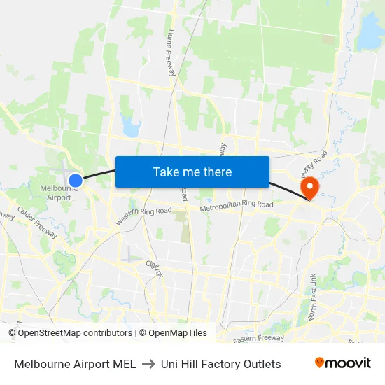 Melbourne Airport MEL to Uni Hill Factory Outlets map