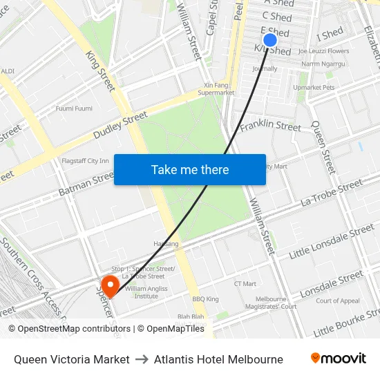 Queen Victoria Market to Atlantis Hotel Melbourne map