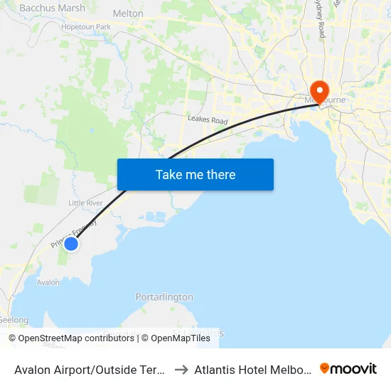 Avalon Airport/Outside Terminal to Atlantis Hotel Melbourne map