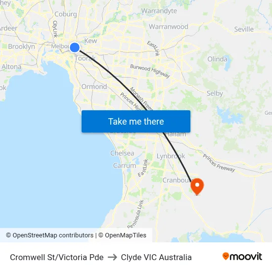 Cromwell St/Victoria Pde to Clyde VIC Australia map