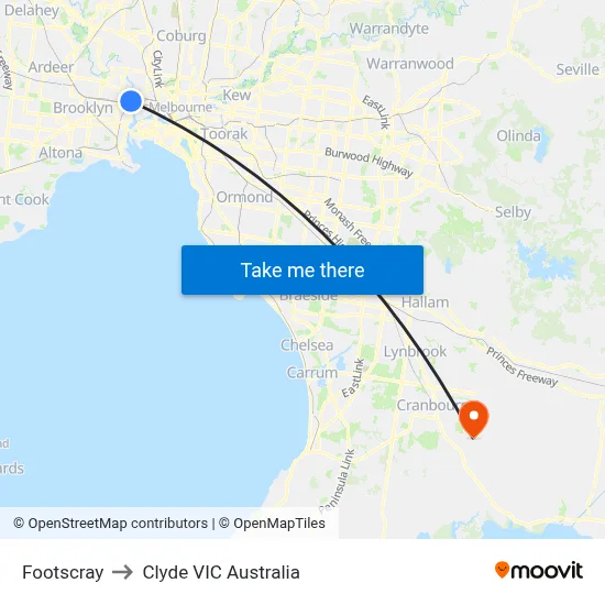 Footscray to Clyde VIC Australia map