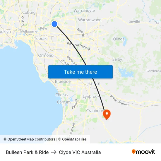 Bulleen Park & Ride to Clyde VIC Australia map