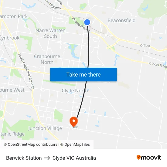 Berwick Station to Clyde VIC Australia map
