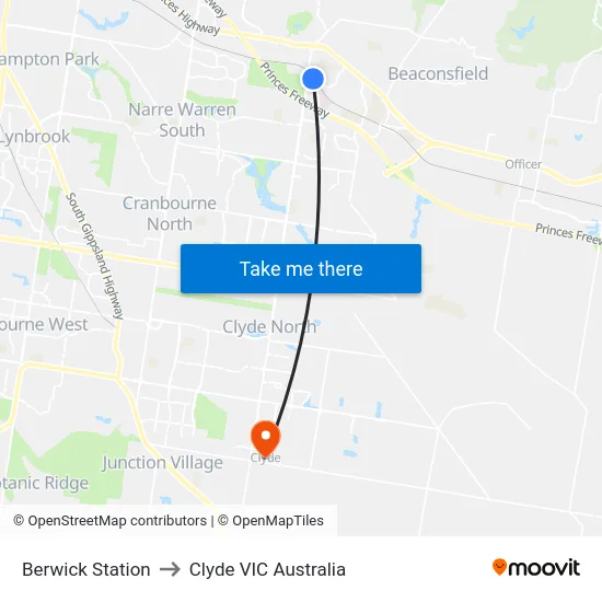 Berwick Station to Clyde VIC Australia map
