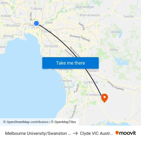 Melbourne University/Swanston St #1 to Clyde VIC Australia map