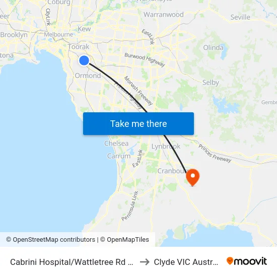 Cabrini Hospital/Wattletree Rd #47 to Clyde VIC Australia map