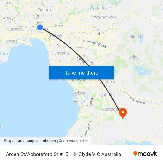 Arden St/Abbotsford St #15 to Clyde VIC Australia map