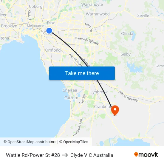 Wattle Rd/Power St #28 to Clyde VIC Australia map