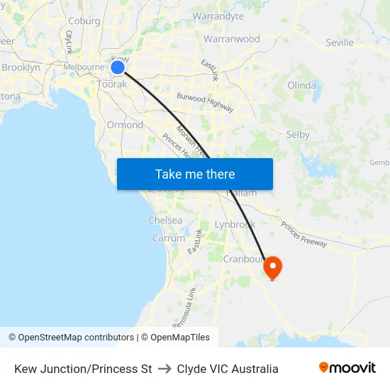 Kew Junction/Princess St to Clyde VIC Australia map