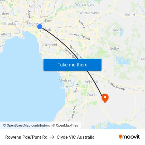 Rowena Pde/Punt Rd to Clyde VIC Australia map