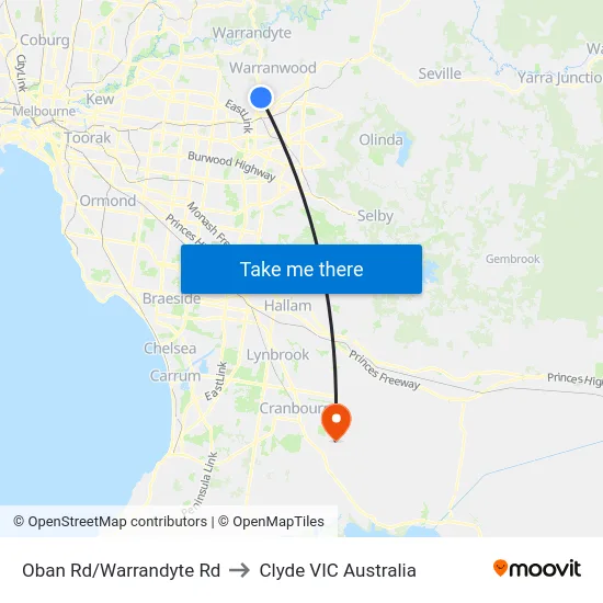 Oban Rd/Warrandyte Rd to Clyde VIC Australia map