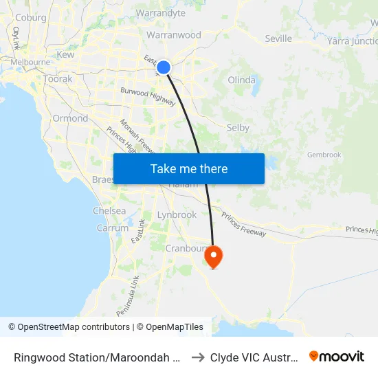 Ringwood Station/Maroondah Hwy to Clyde VIC Australia map