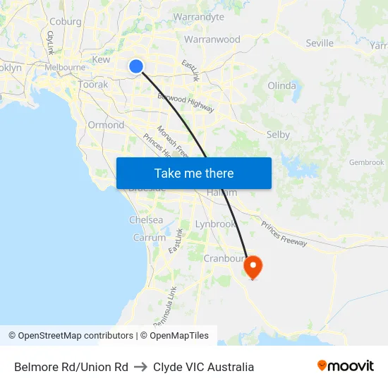 Belmore Rd/Union Rd to Clyde VIC Australia map