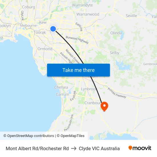 Mont Albert Rd/Rochester Rd to Clyde VIC Australia map