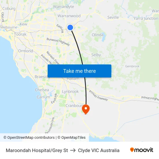 Maroondah Hospital/Grey St to Clyde VIC Australia map