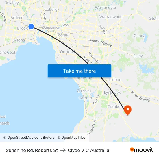Sunshine Rd/Roberts St to Clyde VIC Australia map