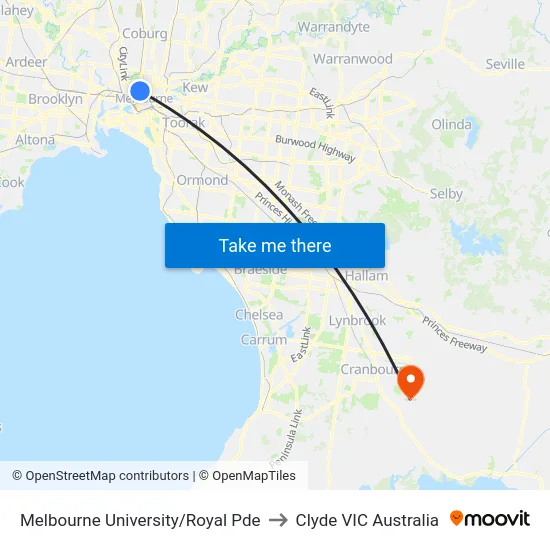 Melbourne University/Royal Pde to Clyde VIC Australia map
