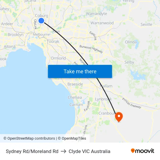 Sydney Rd/Moreland Rd to Clyde VIC Australia map