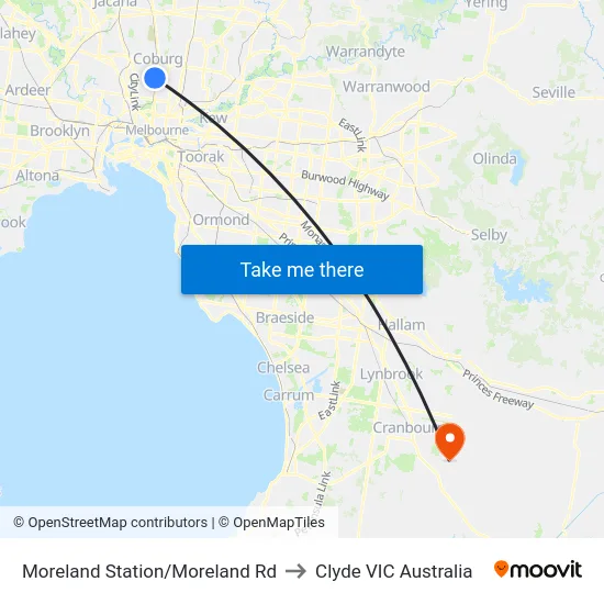 Moreland Station/Moreland Rd to Clyde VIC Australia map