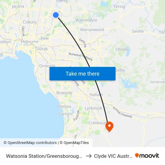 Watsonia Station/Greensborough Hwy to Clyde VIC Australia map