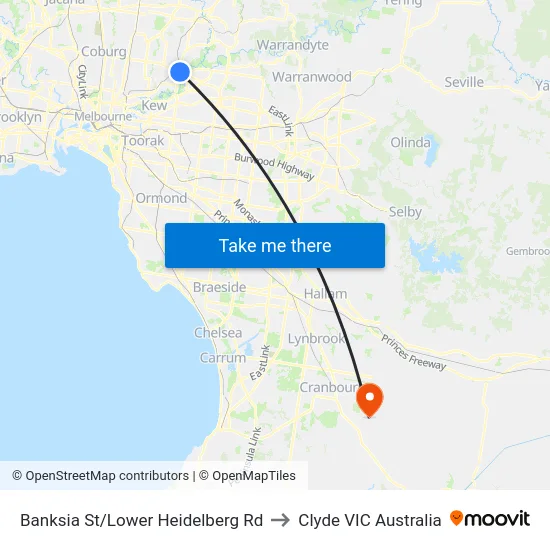 Banksia St/Lower Heidelberg Rd to Clyde VIC Australia map