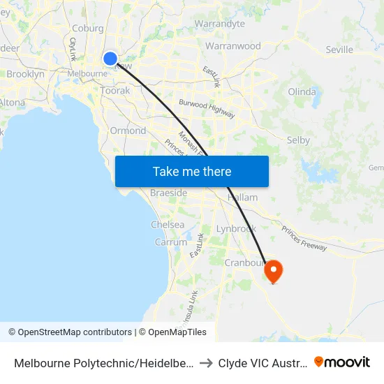 Melbourne Polytechnic/Heidelberg Rd to Clyde VIC Australia map