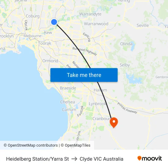Heidelberg Station/Yarra St to Clyde VIC Australia map