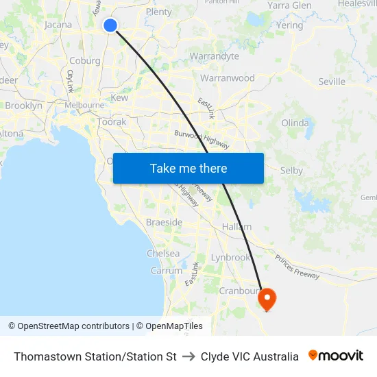 Thomastown Station/Station St to Clyde VIC Australia map