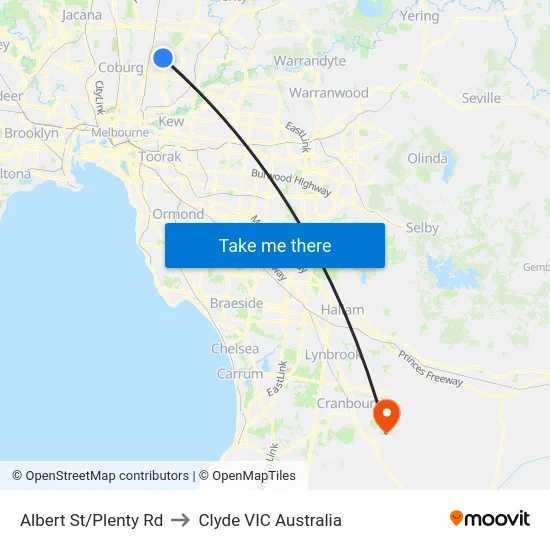 Albert St/Plenty Rd to Clyde VIC Australia map