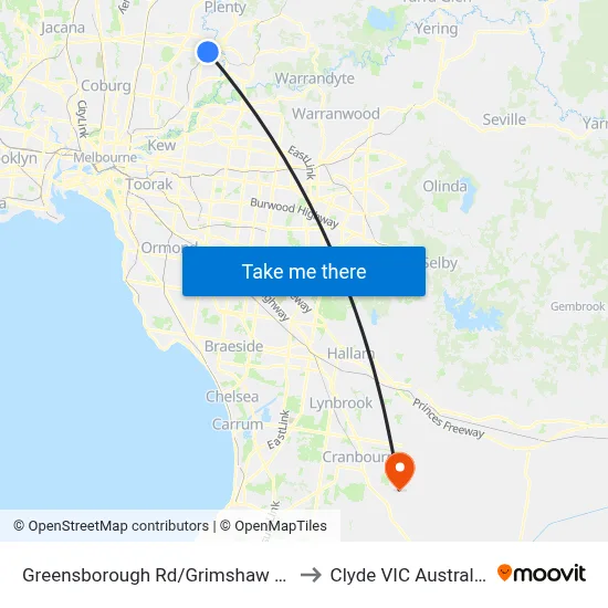 Greensborough Rd/Grimshaw St to Clyde VIC Australia map