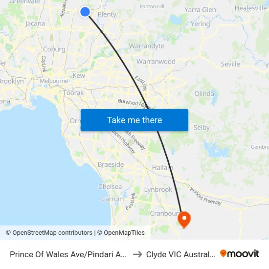 Prince Of Wales Ave/Pindari Ave to Clyde VIC Australia map
