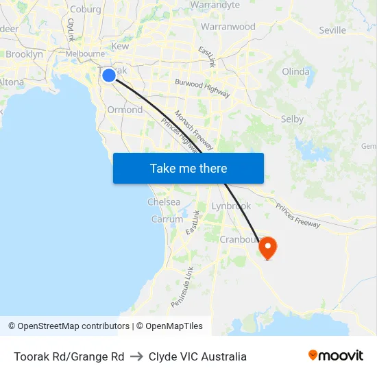Toorak Rd/Grange Rd to Clyde VIC Australia map