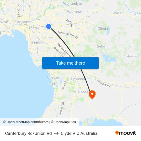 Canterbury Rd/Union Rd to Clyde VIC Australia map